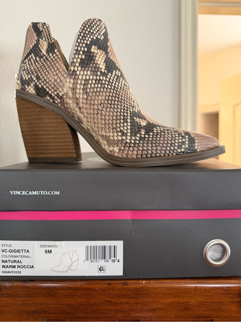 Vince Camuto Natural Snake-Print Stacked Heel Ankle Boot